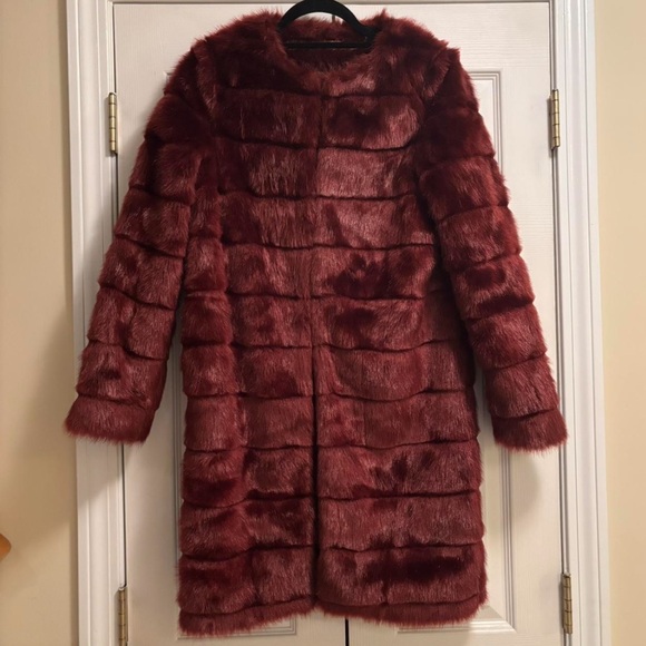Mossimo Burgundy Faux Fur Long Coat - Picture 2 of 6